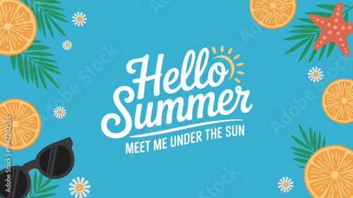 Hello Summer greeting card with sunglasses and tropical elements on blue background