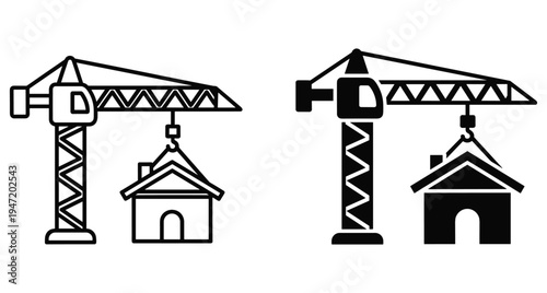 Construction crane lifting a house icon set representing real estate development building industry architecture project site engineering heavy machinery equipment and residential property growth