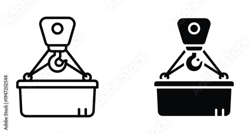 Industrial crane hook lifting heavy cargo container basket icon set for construction logistics shipping freight transport engineering and warehouse operations