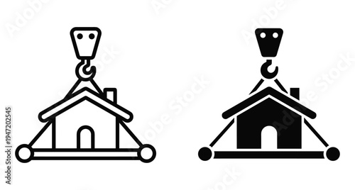 Modular house lifting crane hook icon set for home relocation building transport construction site real estate development and architectural engineering