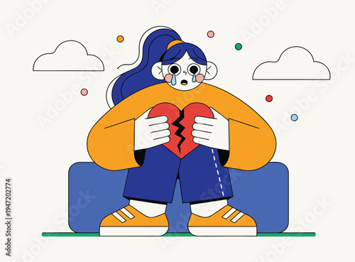 Illustration of Sad Girl Holding Broken Heart
