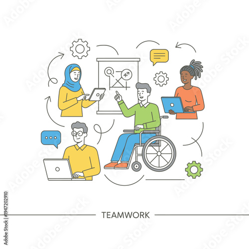 Diverse team collaborating on a project with inclusivity and technology.