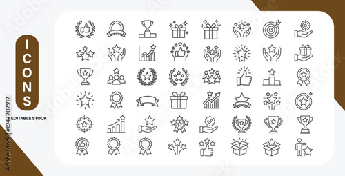 Exclusive benefit, special offer and premium award icons pack. Line signs champion cup, stars and medal. Vector outline icons set for web and app with editable stroke.