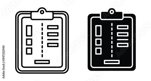 Clipboard icon set featuring outline and solid versions with document layout for business planning management organization checklist data collection and reporting