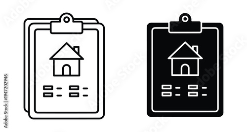 Clipboard icon set with house symbol for real estate property management mortgage application home inspection document rental agreement contract listing