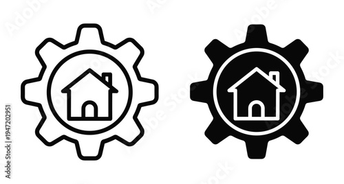Smart home automation icon set featuring house symbol inside gear for maintenance engineering construction property management and residential technology interface
