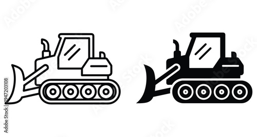 Bulldozer construction vehicle icon set with outline and solid black versions for heavy machinery industrial equipment earthmoving and building projects
