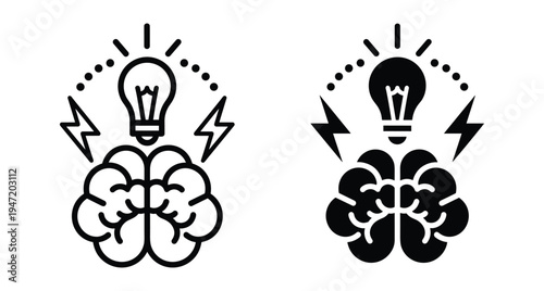 Brainstorming icon set featuring human brain with glowing lightbulb and lightning bolts representing creative ideas innovation intelligence and mental energy