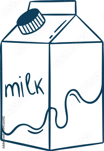 Mediterranean blue line doodle of a classic gable-top milk carton. Minimalist dairy icon for farm logos, kitchen illustrations or organic food marketing