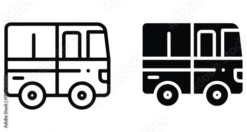 Bus shuttle van vehicle icon set in outline and solid black style for transportation travel and public transit design projects