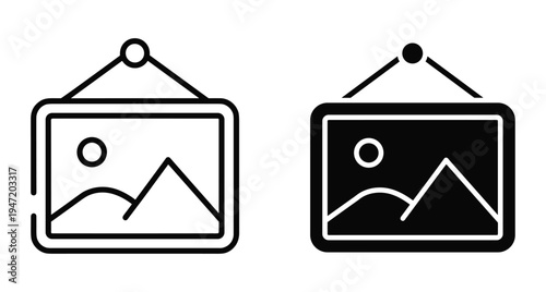 Picture frame icon set with landscape mountain scene hanging on wall for gallery exhibition photography art display interior decoration vector