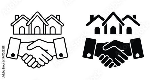 Handshake icon with three houses representing real estate deal property agreement mortgage contract home buying partnership business transaction residential sale