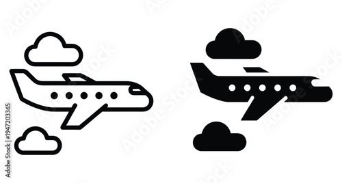 Airplane flying through clouds icon set featuring outline and solid silhouette styles for travel aviation transport flight and commercial airline