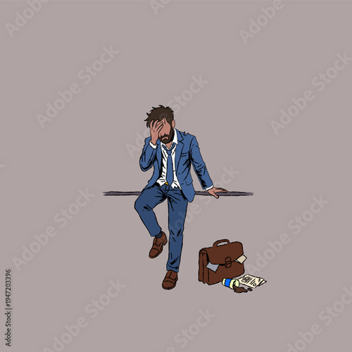 Stressed businessman sitting on floor feeling depressed due to career failure. Concept of job loss, bankruptcy, and office burnout. Modern flat vector illustration for mental health awareness.