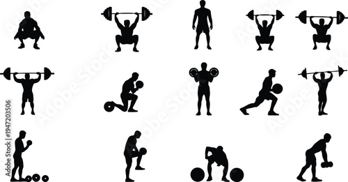 Set of fitness exercise icons with man performing weightlifting and workout movements