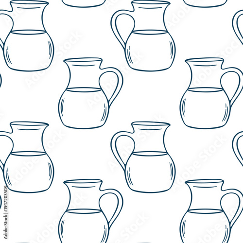 Jug of milk, simple vector pattern in doodle sketch style with Mediterranean blue line. Hand-drawn repeating design of rustic milk pitchers for kitchen textiles or farmhouse decor