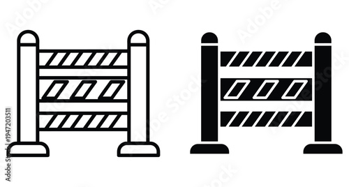 Road construction barrier icon set with outline and solid black styles for traffic safety warning street maintenance and site security