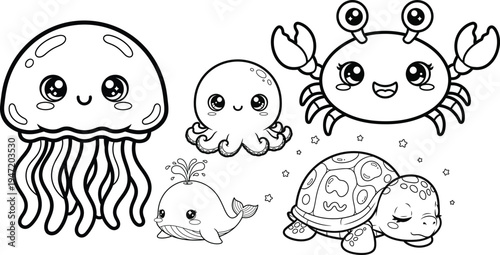 Underwater friends coloring book page for kids with jellyfish crab turtle and fish