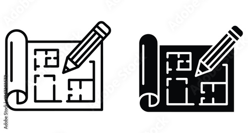 Architectural floor plan blueprint icons with pencil for house design construction planning project development engineering drawing layout and building scheme