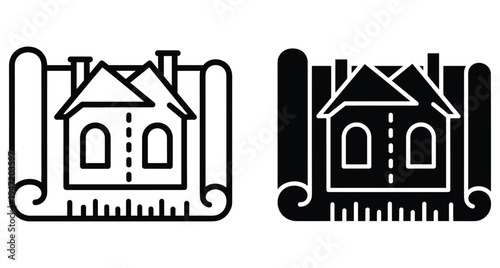 House blueprint architectural plan icon set showing home construction design project with ruler scale and rolled paper document symbols