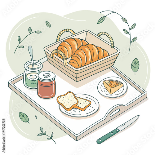 Cozy morning breakfast spread illustration featuring fresh croissants, toast, and fruit jam on a stylish serving tray, perfect for a relaxing start to the day