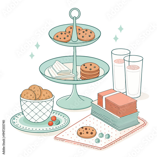 Sweet Treats A Stack of Cookies and Glasses of Milk for a Delightful Snack Time