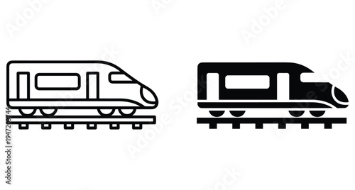 High speed train icon set with outline and solid silhouette styles representing modern railway transportation locomotive on tracks for travel