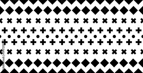 Black and white geometric repeating pattern with diamonds, crosses, dots, and zigzag lines, minimal style.