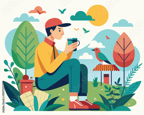 A young adult male sits in a park. enjoying a coffee.