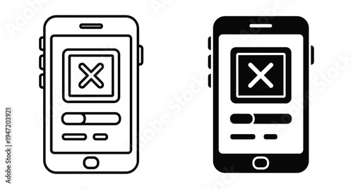 Smartphone mobile phone icon set with error cross symbol on screen showing cancel delete close application interface design elements