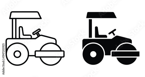 Road roller icon set for construction and roadwork projects featuring outline and solid silhouette styles for graphic design and web