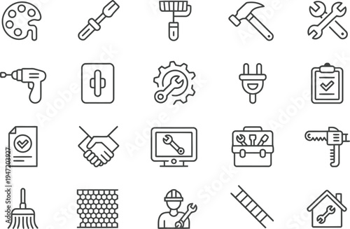 Set of flat design icons for household chores and home maintenance tools