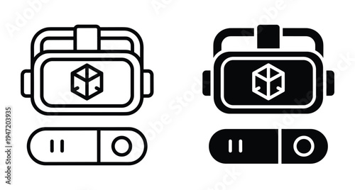 Virtual reality headset icon set with remote controller and 3D cube symbol for gaming simulation technology and digital entertainment interface