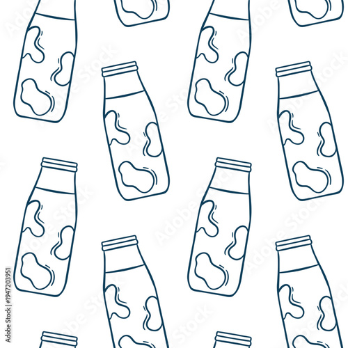 Mediterranean blue line doodle pattern featuring rows of classic milk bottles. Minimalist dairy repeat design for fabric prints, stationery or cafe branding