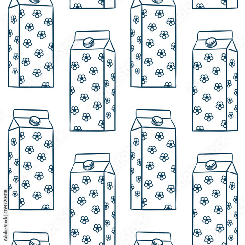 Milk carton, simple vector pattern in doodle sketch style with Mediterranean blue line. Hand-drawn repeating design of classic paper containers for kitchen textiles or dairy packaging