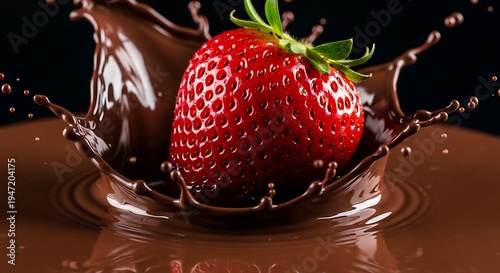 A vibrant red strawberry creating a splash as it drops into rich, melted chocolate.