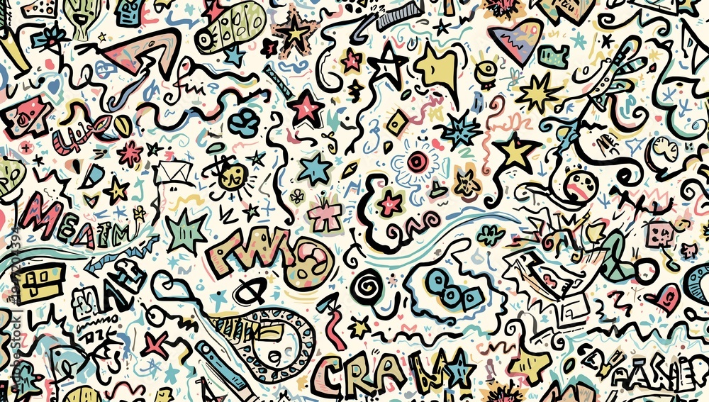 Obraz premium Covering full-bleed doodle collage filling paper surface, featuring hand-lettered fragments, stars