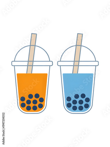 Two colorful bubble tea cups with straws and polka dot patterns isolated on transparent background