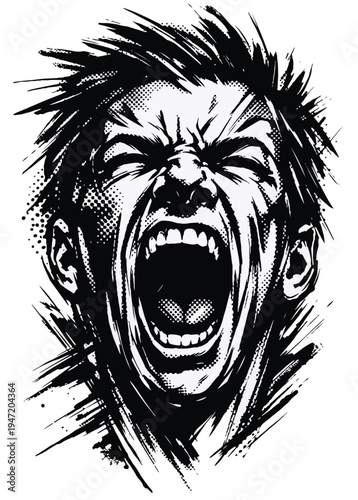 A dramatic human expression illustrated in grunge and halftone style. This emotional art makes a bold statement and can work as both poster art1