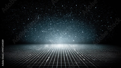 Futuristic digital stage glows beneath a simulated starry night sky