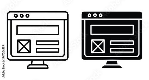 Computer monitor screen showing website layout wireframe interface icons in outline and solid glyph styles for web design and development