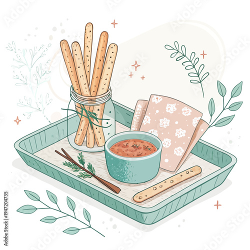 Delicious breadsticks with a flavorful dip on a tray, garnished with herbs and floral elements