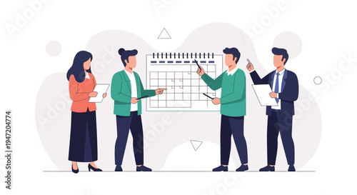 Team Meeting: Business People Planning on Calendar Board, Strategy Discussion
