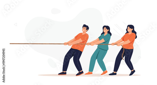 Team Tug of War: Three people pulling rope, teamwork and competition concept