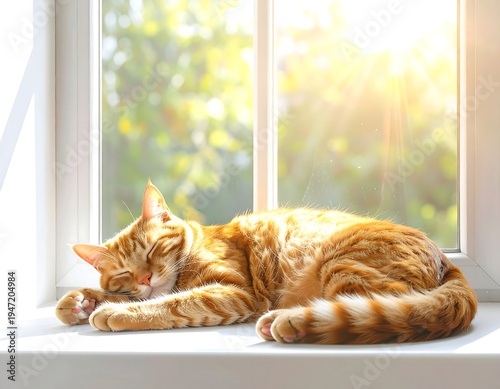 Ginger cat napping serenely on a sunlit windowsill, trees blurred outside