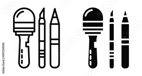 Craft tool icons set featuring a burnisher craft knife and pencil in outline and solid black styles for creative projects