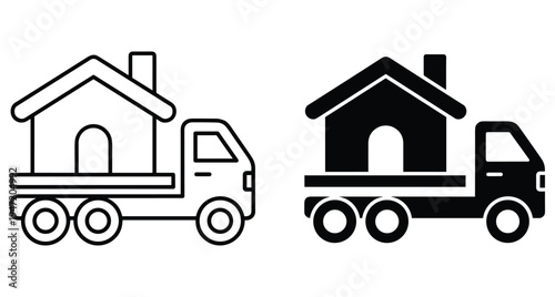 House moving truck icon set showing relocation services with a home on a flatbed trailer for transport and logistics delivery business