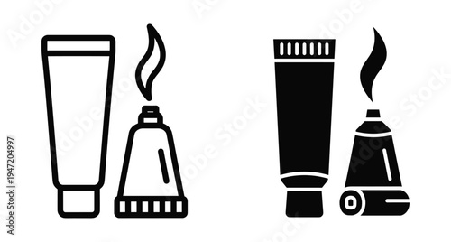Cosmetic tube icon set showing cream ointment and toothpaste packaging in outline and solid black glyph style for product design