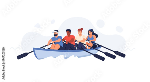 Diverse team rowing boat together, teamwork and cooperation concept