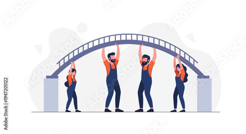 Teamwork building bridge, people cooperation, construction, support, connection, collaboration